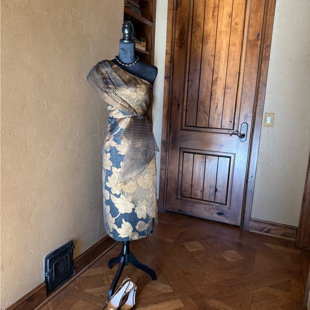 Theia Black and Gold One-Shoulder Dress (Hem altered)